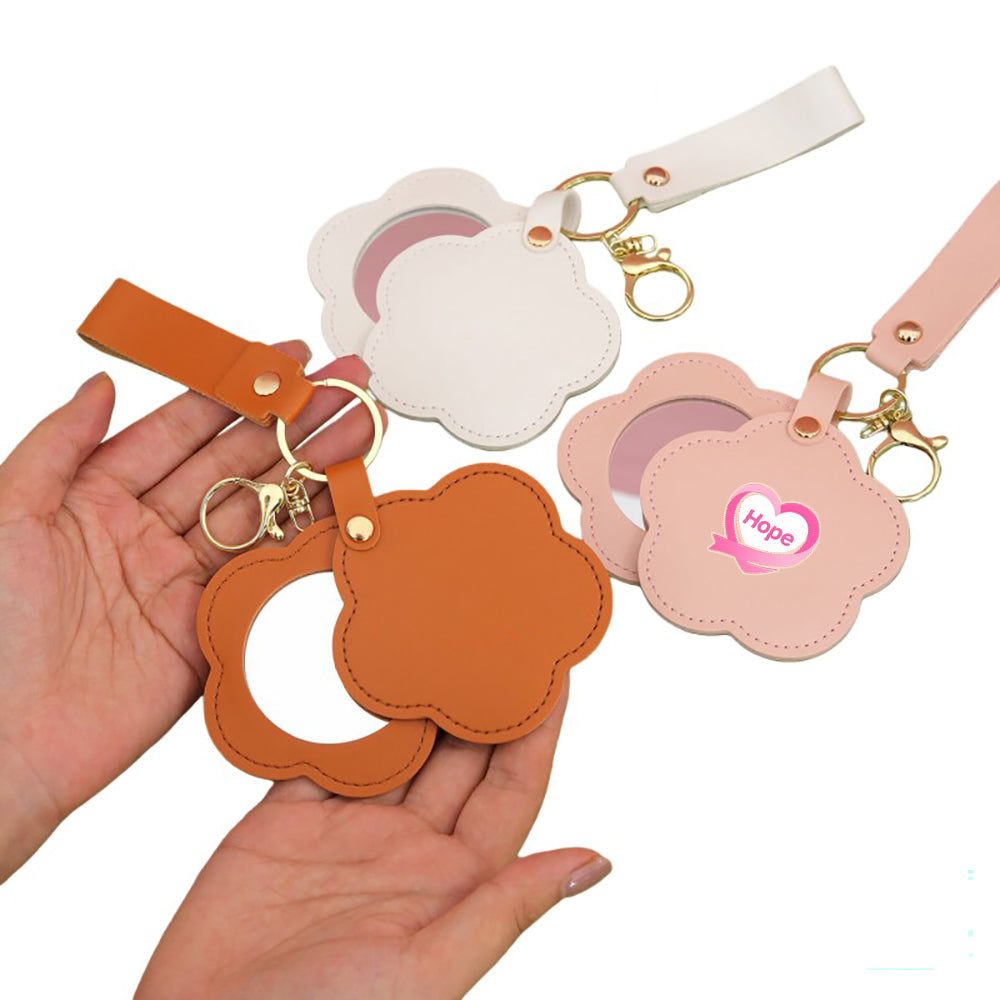 Pu Leather Floral Keychain W/ Round Mirror